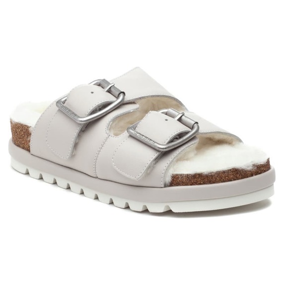 J/SLIDES Shoes - J/Slides NWT Lynx Genuine Shearling Double Buckle Sandal in Ivory Leather Size 9